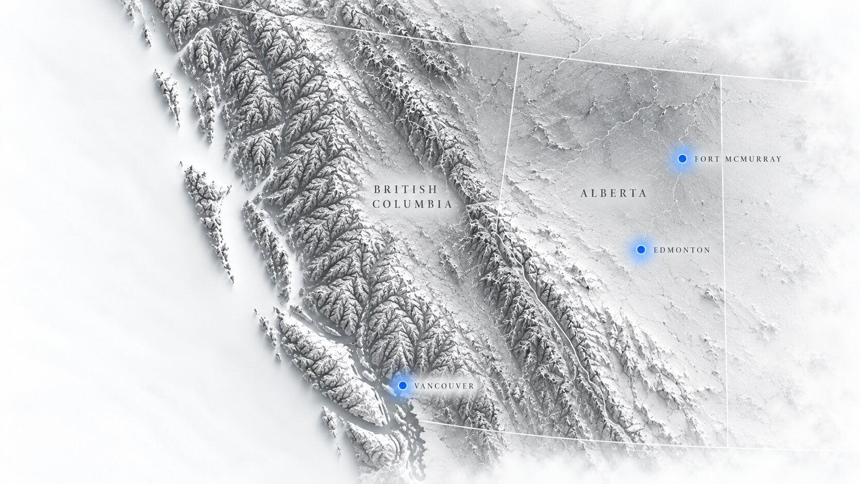 Relief map of British Columbia and Alberta marking Vancouver, Edmonton and Fort McMurray
