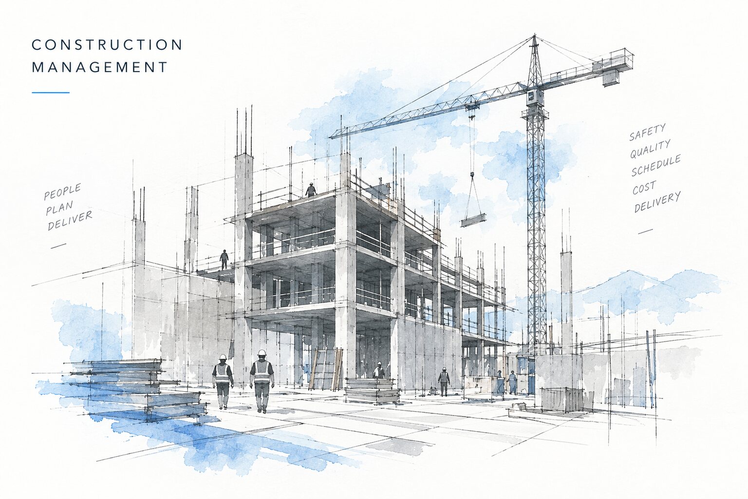 Watercolour sketch of a concrete frame under construction with a tower crane and site crew