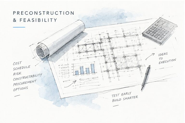 Watercolour sketch of a floor plan with a cost chart, calculator and pen